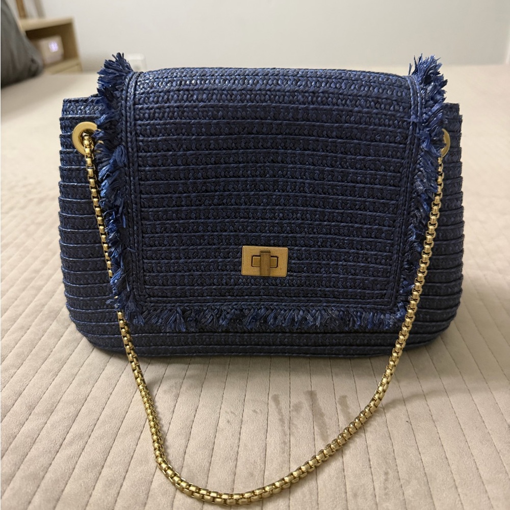 Woven Navy Fringe Chain Shoulder Bag